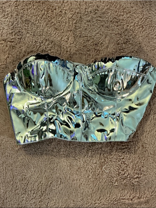 Fashion Nova Tops - FASHION NOVA Silver Metallic Bustier Crop Top - Holographic Silver